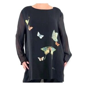 Vintage Silk Butterfly Tunic Top 1X Art To Wear Minimalist Lagenlook Whimsical